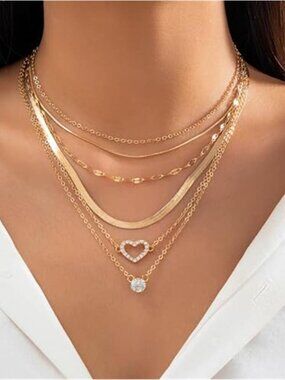 Gold Tone Layered Heart Necklace Rhinestone Snake Chain Stack Set Women